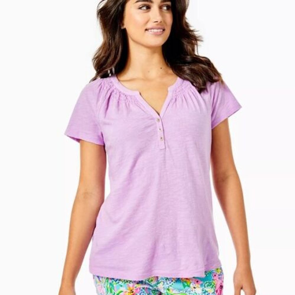 Lilly Pulitzer Short Sleeve Essie Blouse Top Cotton Smocked Solid XS
